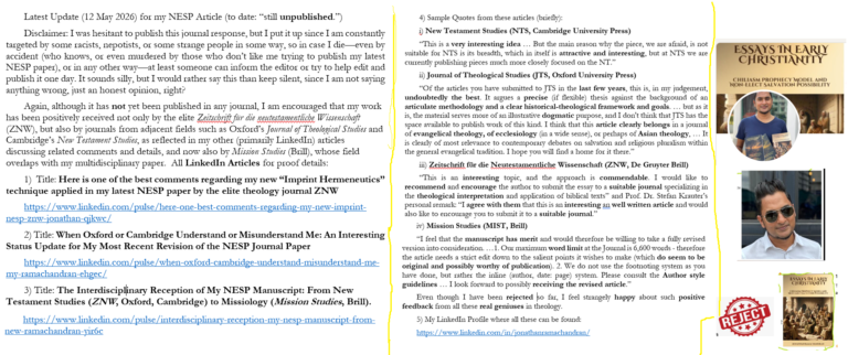 The Interdisciplinary Reception of My NESP Manuscript: From New Testament Studies (ZNW, Oxford, Cambridge) to Missiology (Mission Studies, Brill).