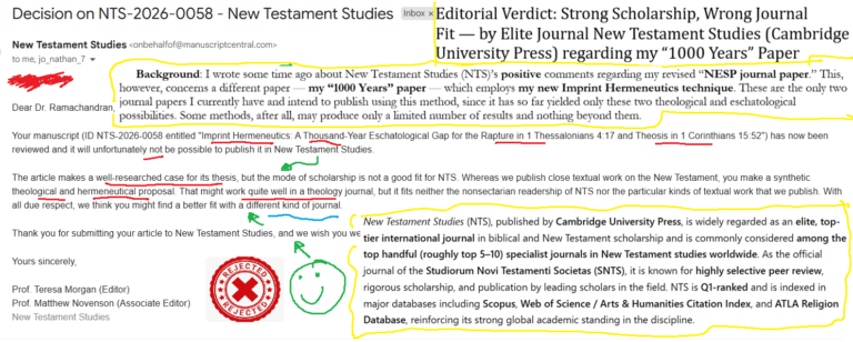 Editorial Verdict: Strong Scholarship, Wrong Journal Fit — by Elite Journal New Testament Studies (Cambridge University Press) regarding my “1000 Years” Paper